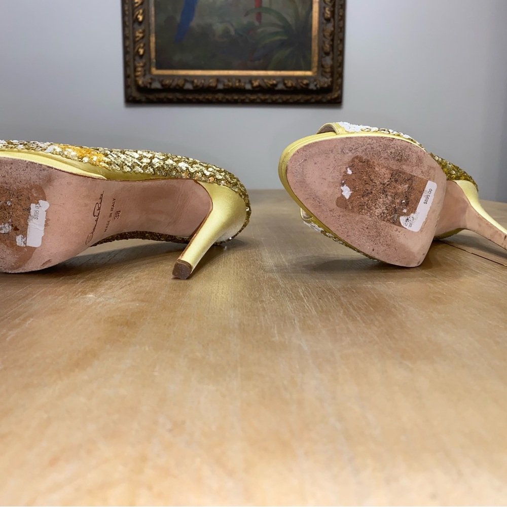 Oscar de la Renta Yellow Sequin Lace Peep-Toe Pumps - Picture 6 of 6